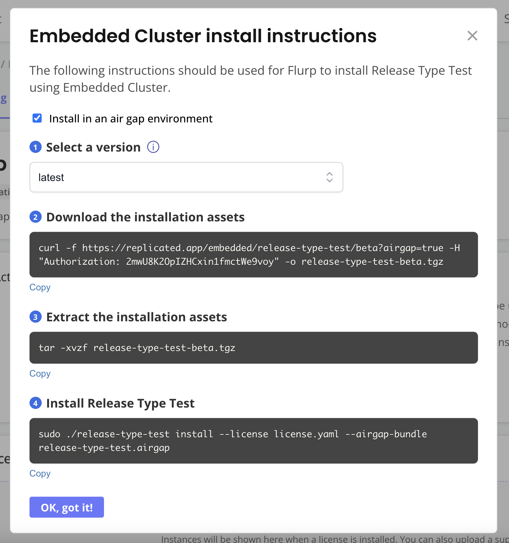 Embedded cluster install instruction dialog